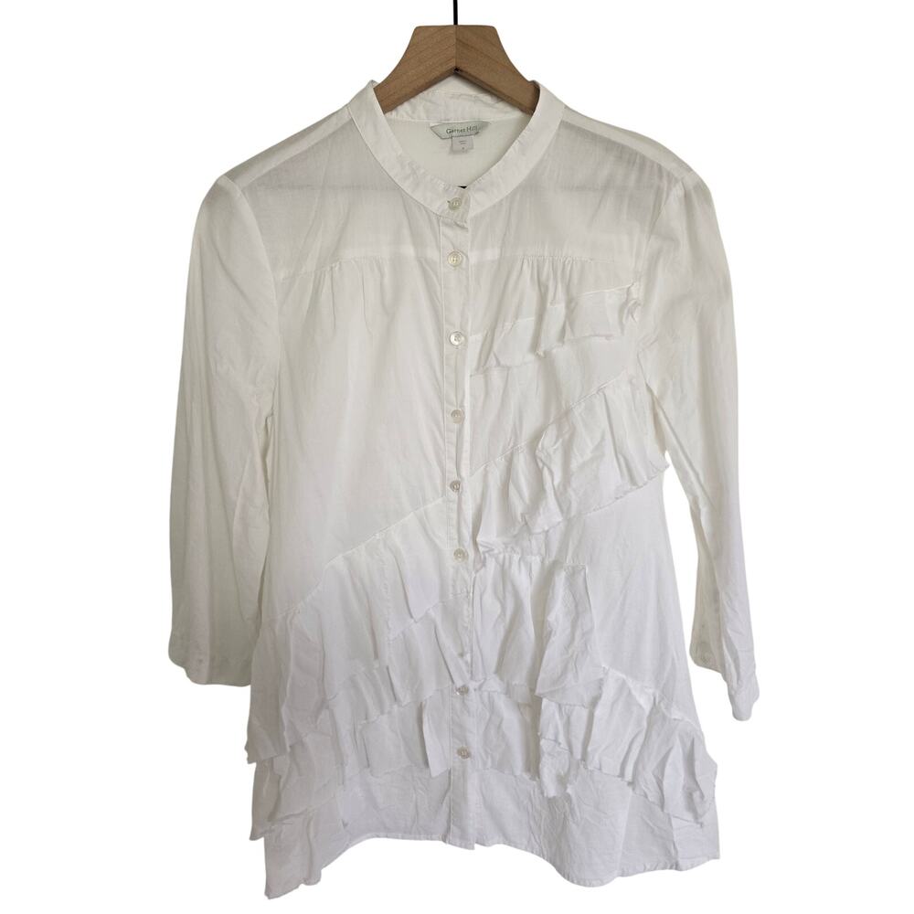 Garnet Hill White Ruffle Mandarin Collar Blouse Size 8 Cotton